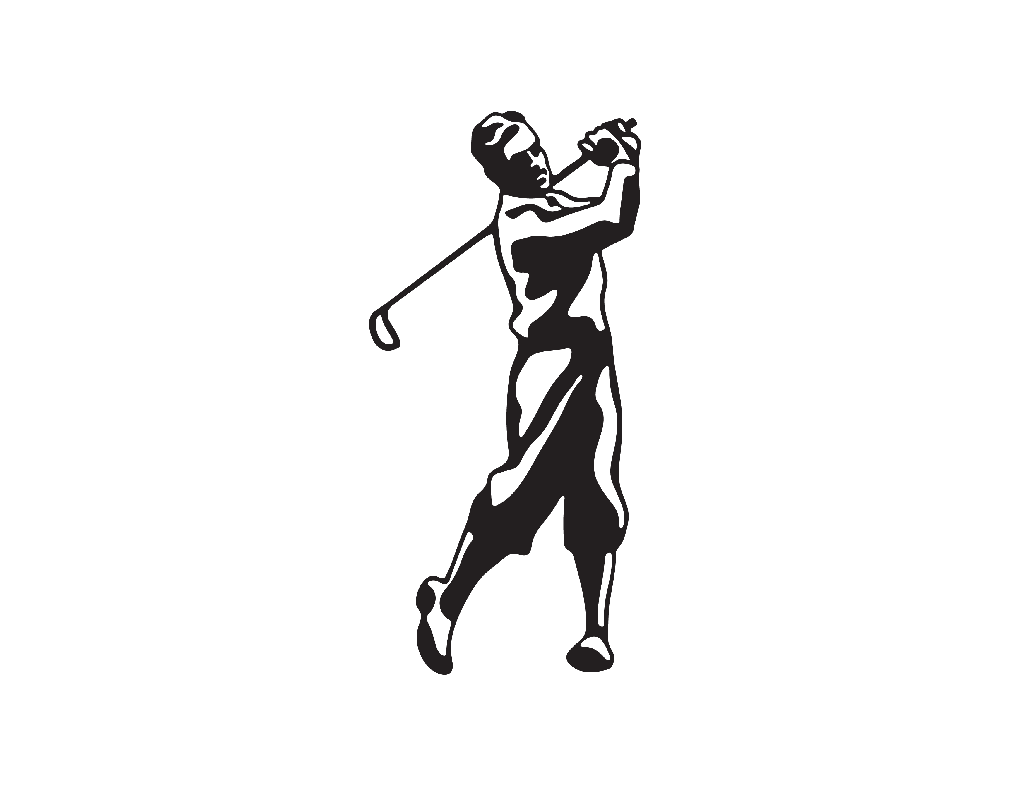 Black and white illustration of a golfer in action on a white background