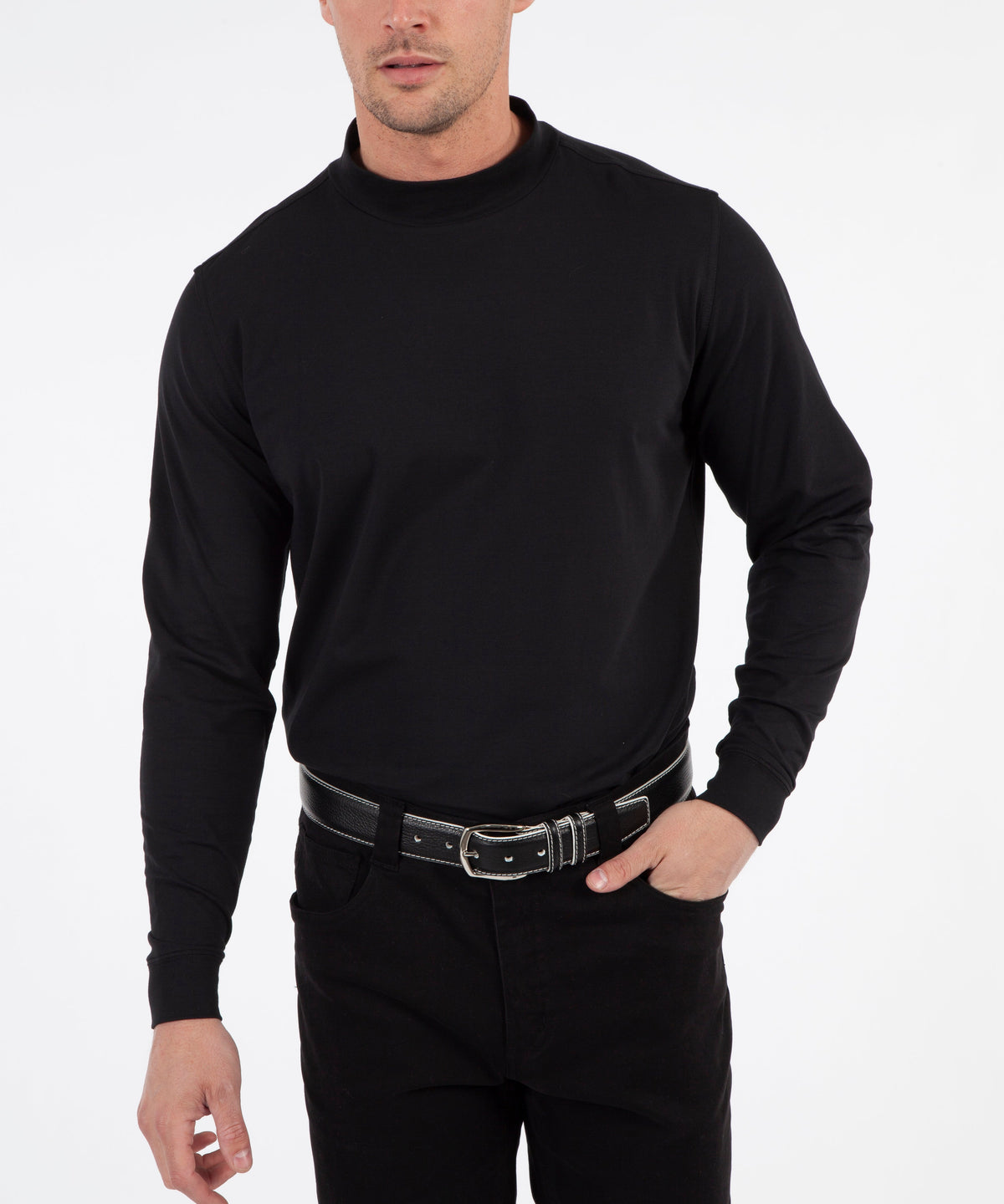 Liquid Stretch Cotton Long Sleeve Mock Neck Shirt