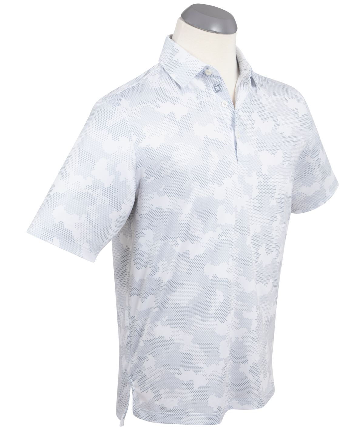 Men's camo print performance golf polo in light grey, short sleeve