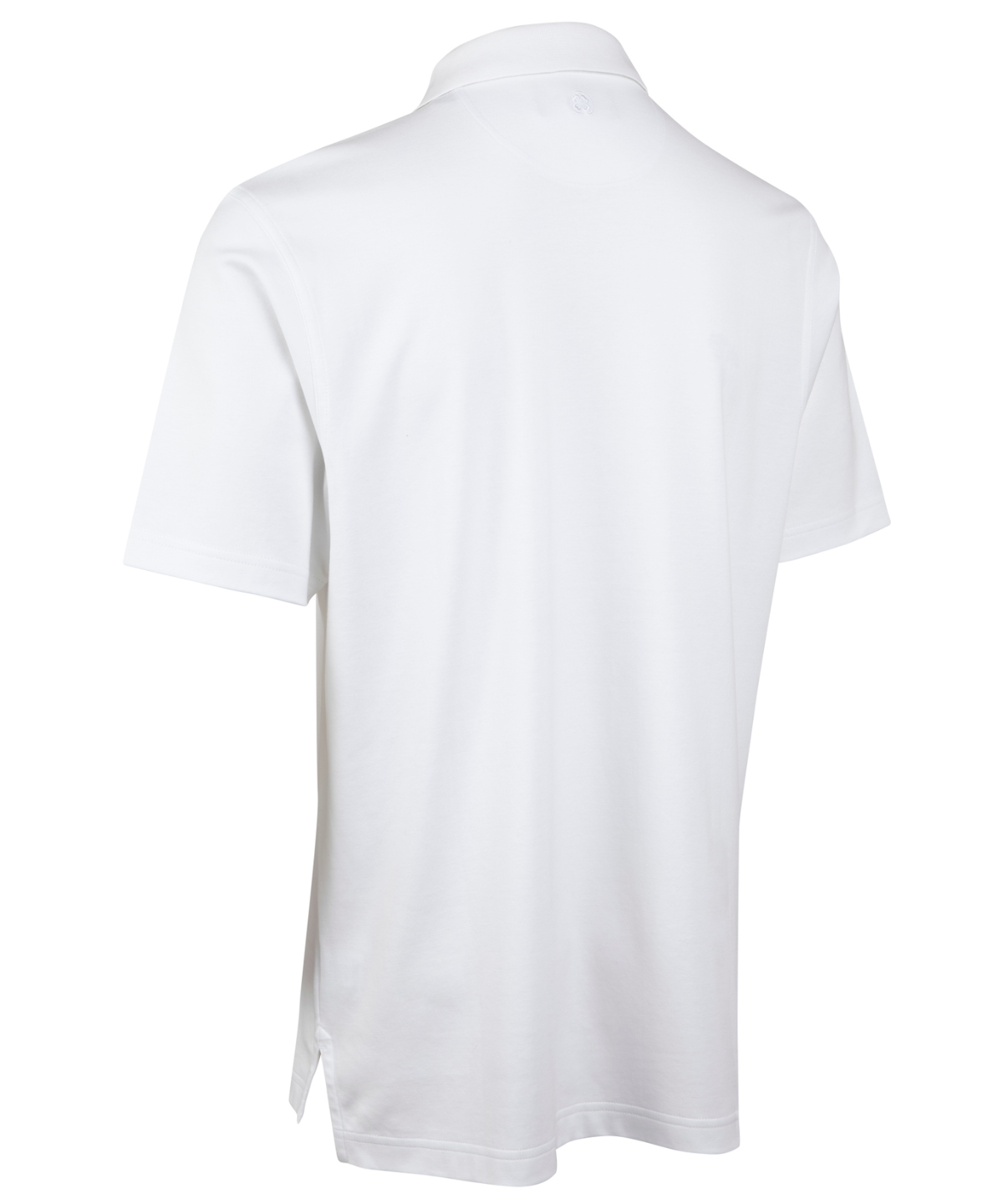 Men’s white short-sleeve polo shirt with three-button placket and classic collar displayed on mannequin.