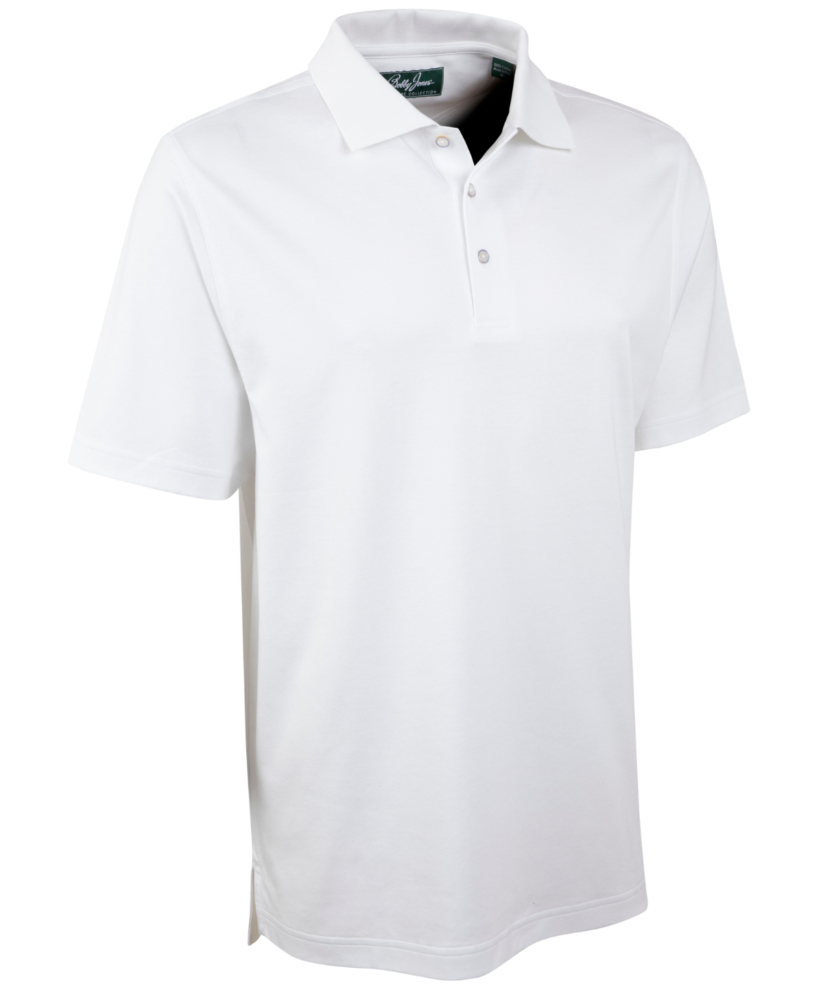 Men’s white short-sleeve polo shirt with three-button placket and classic collar displayed on mannequin.