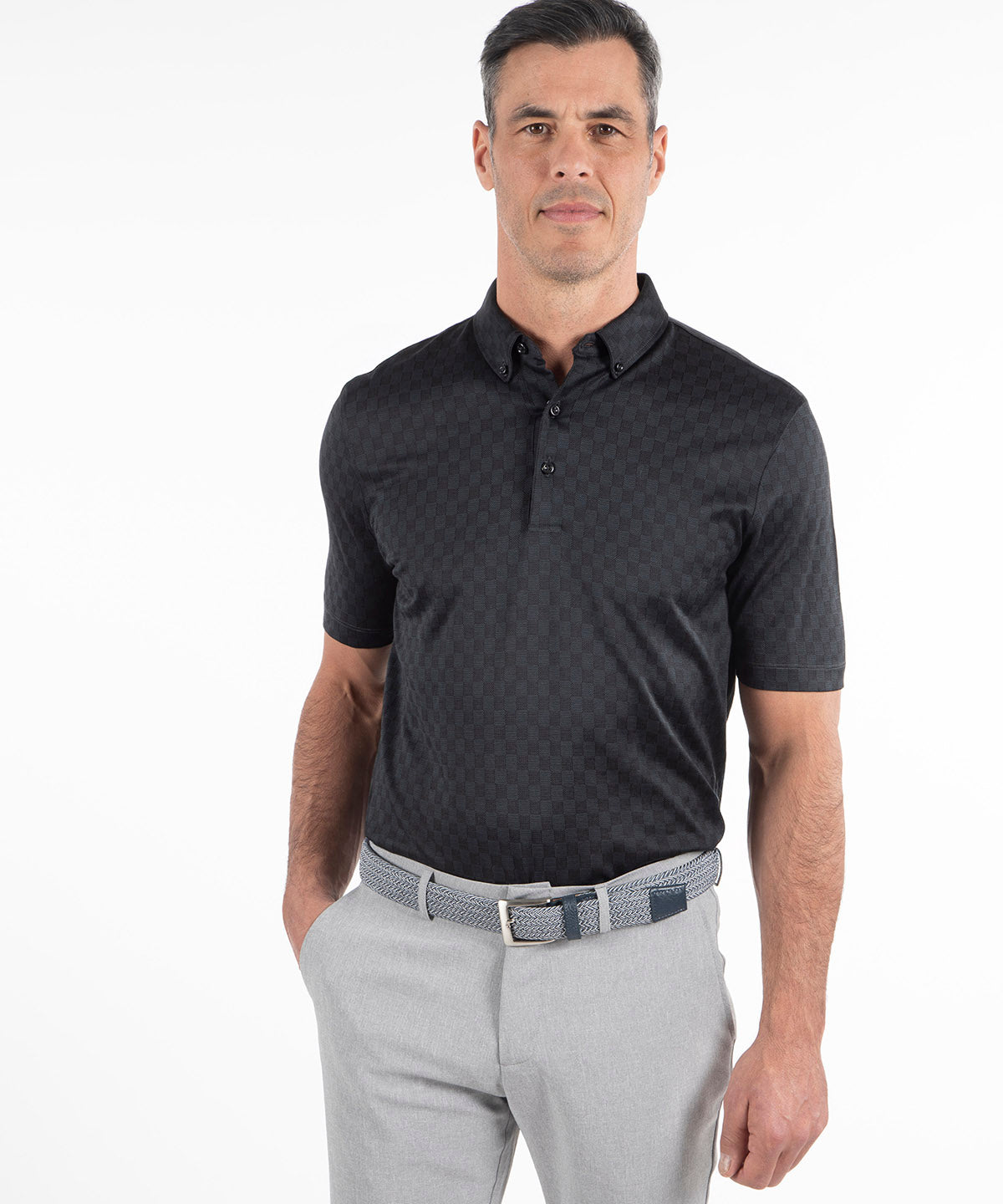 Heritage Avellino Tonal Checkered Jacquard Italian Cotton/Silk Blend Short-Sleeve Polo