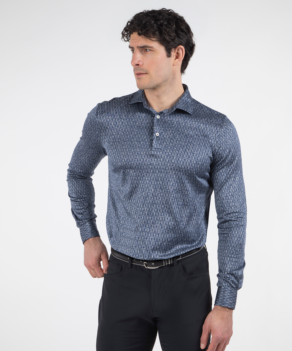 Heritage Biella Italian Silk Cotton Long-Sleeve Jacquard Polo