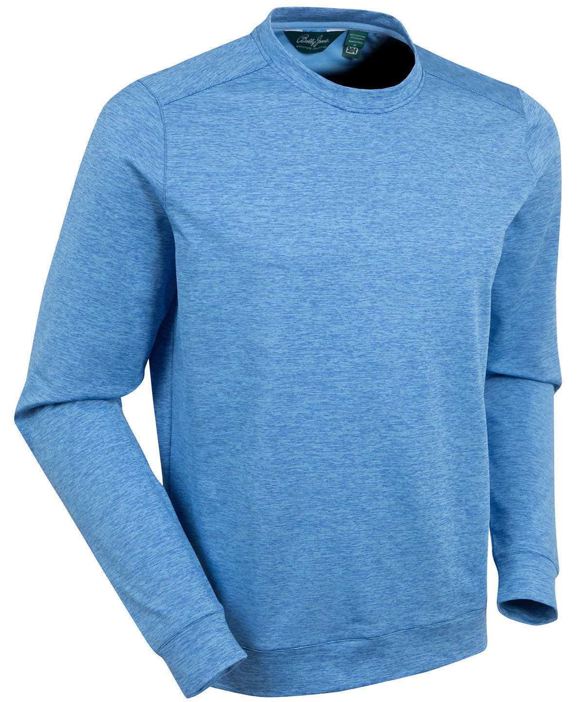 Men’s Bobby Jones performance golf crewneck pullover in heathered blue with lightweight stretch fabric