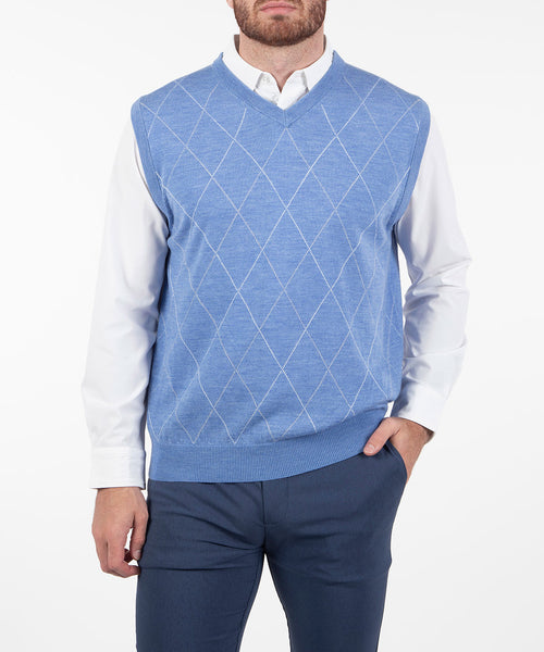 GRP Sweater vest in blue charcoal and brown retro diamond merino