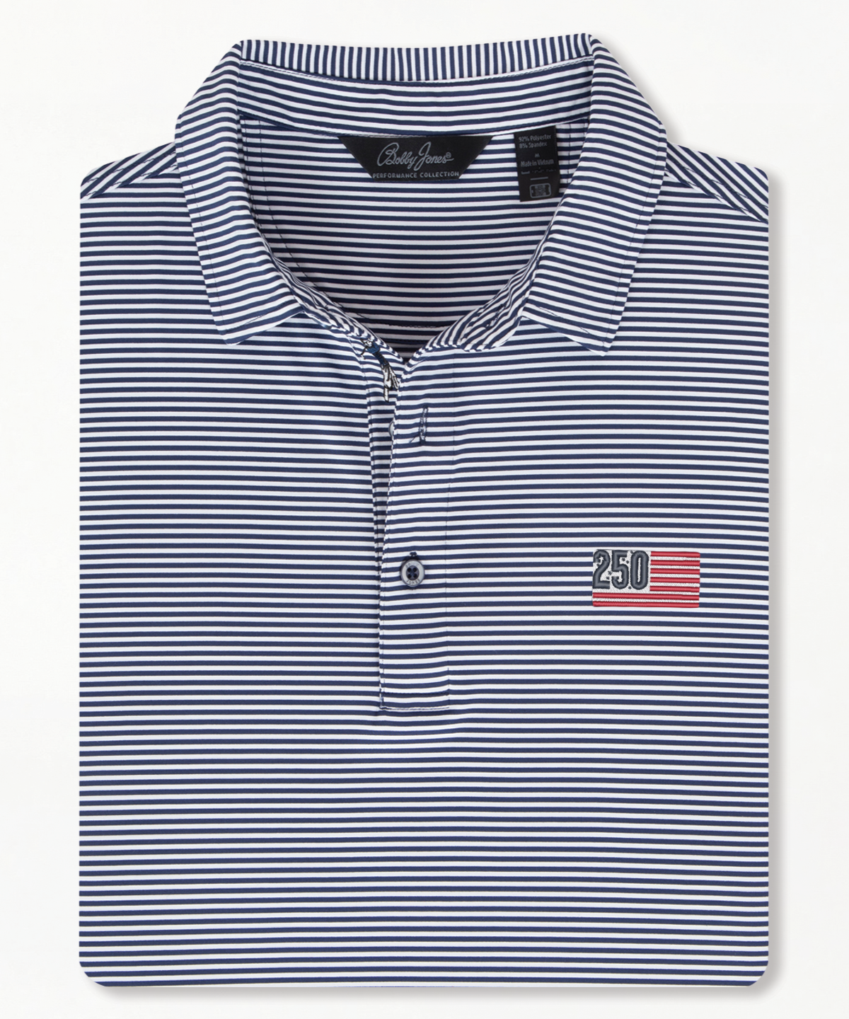 Men’s Bobby Jones performance golf polo in navy and white stripe and USA logo with breathable stretch fabric