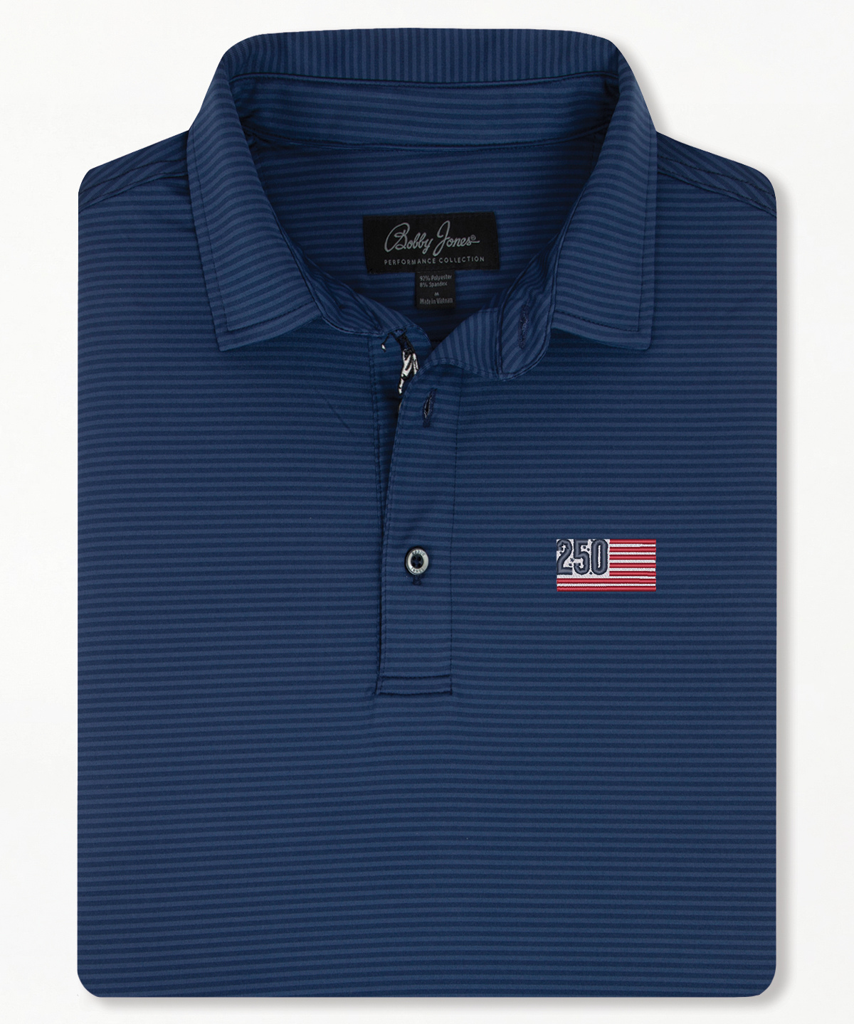 Men’s Bobby Jones performance golf polo in navy stripe and USA logo with breathable stretch fabric