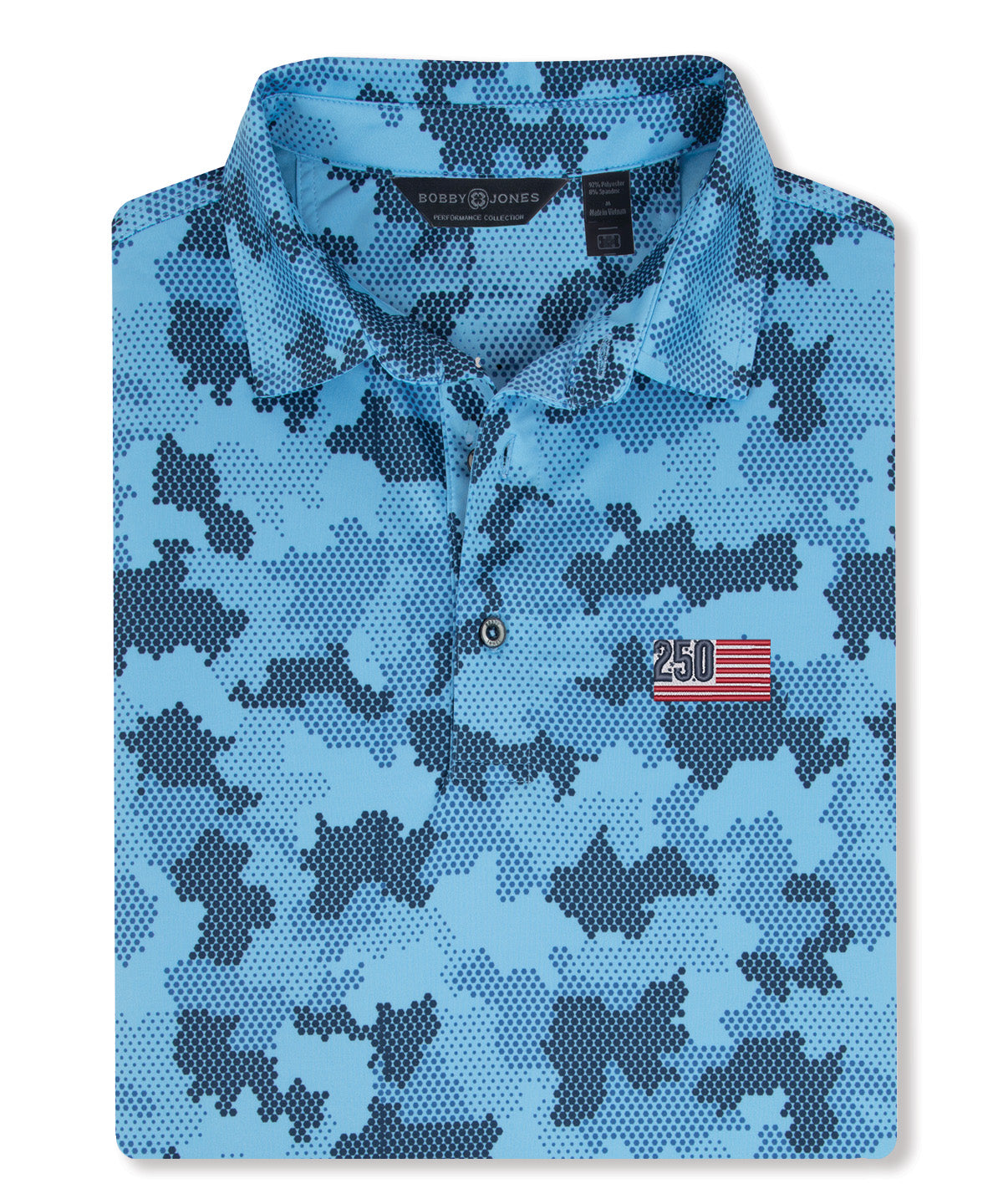 Men's Bobby Jones performance golf polo in white with navy camo print and breathable stretch fabric