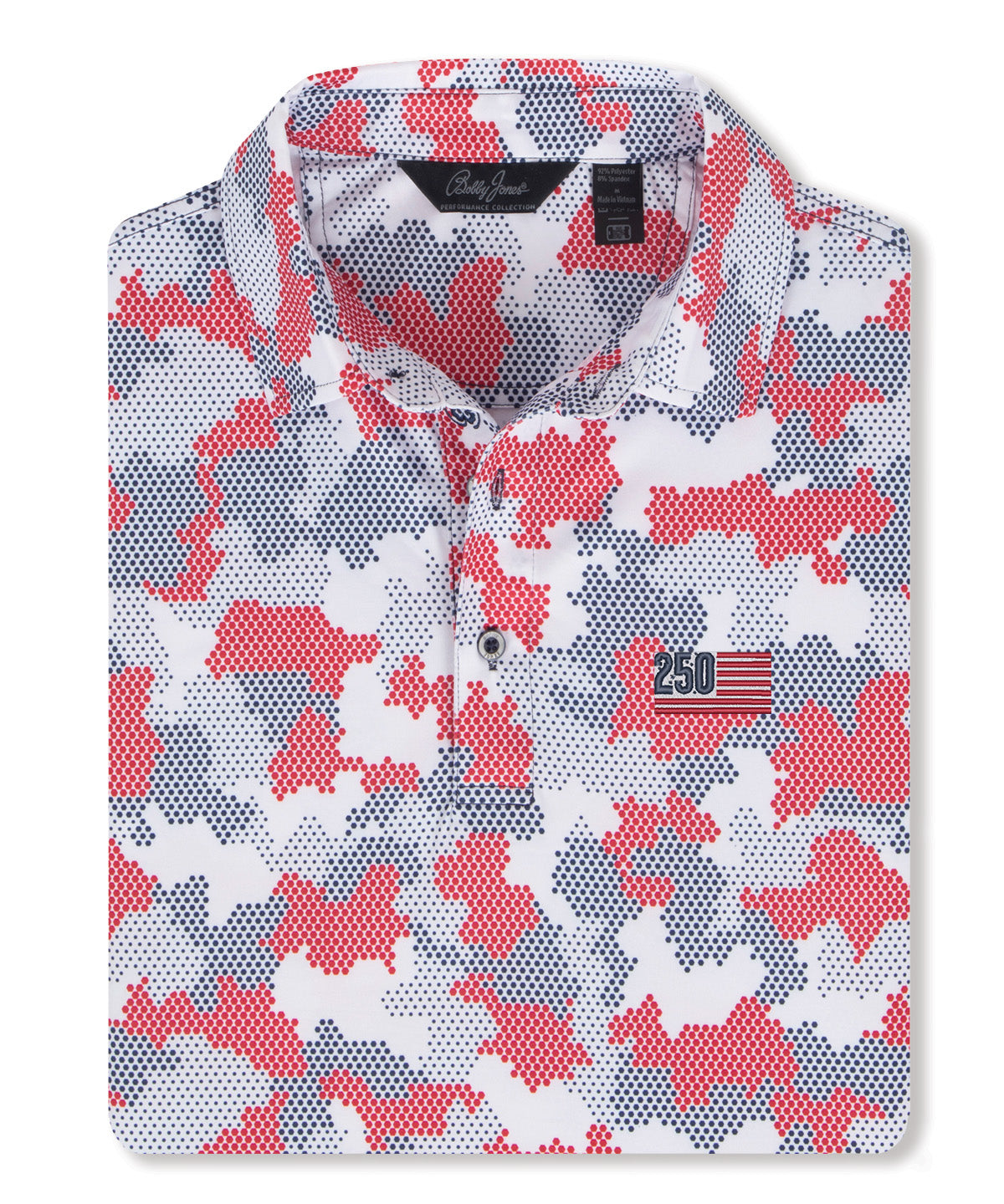 Men's Bobby Jones performance golf polo in white with red and navy camo print and breathable stretch fabric
