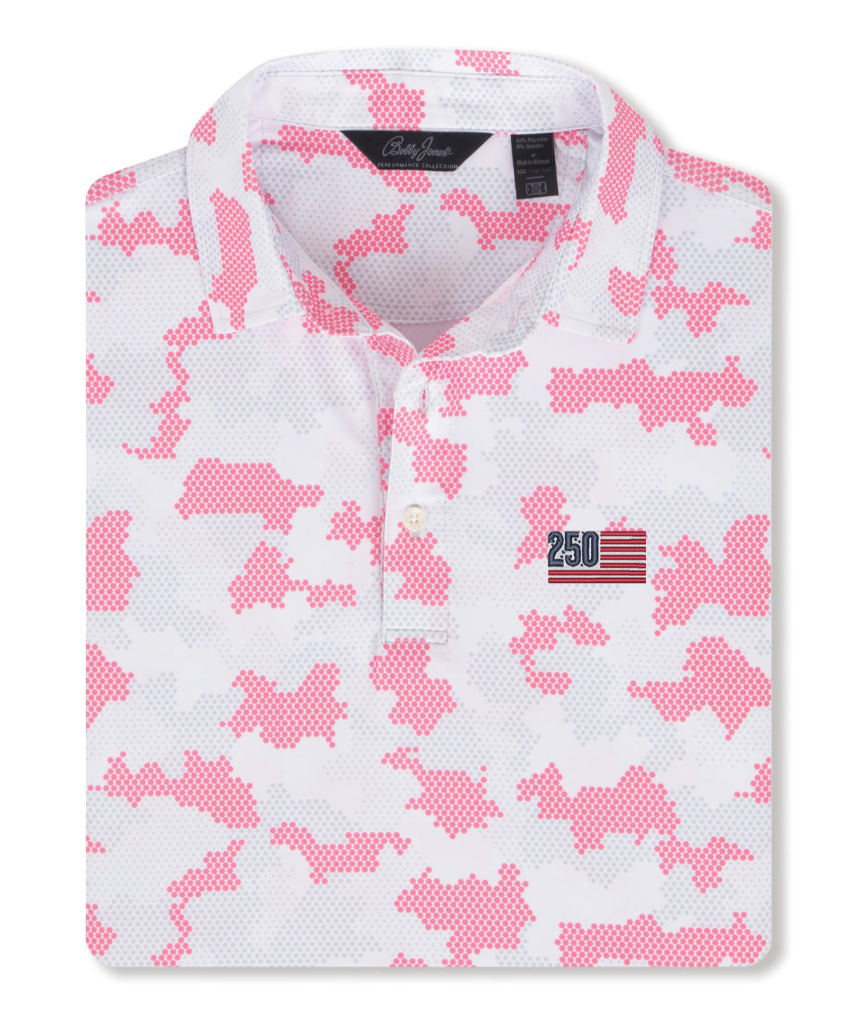 Men's Bobby Jones performance golf polo in white with pink camo print with USA logo and breathable stretch fabric