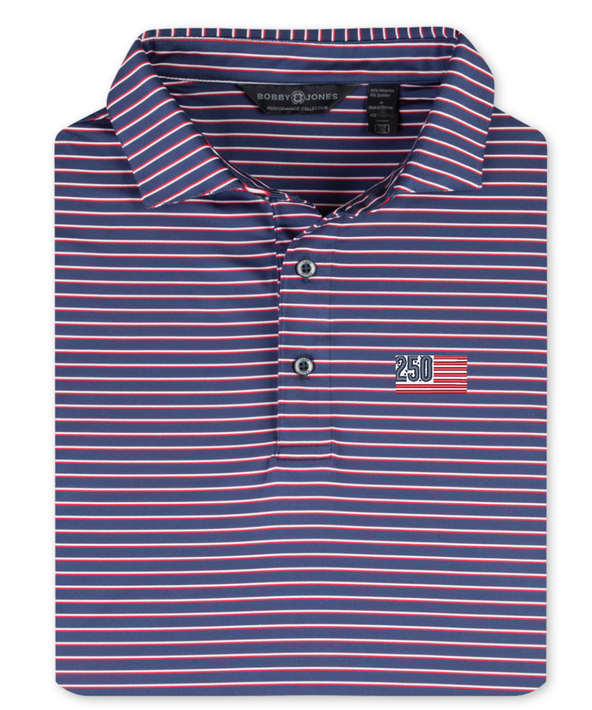 Navy Dual Stripe performance golf polo with red and white stripe pattern and embroidered USA 250th anniversary chest logo.