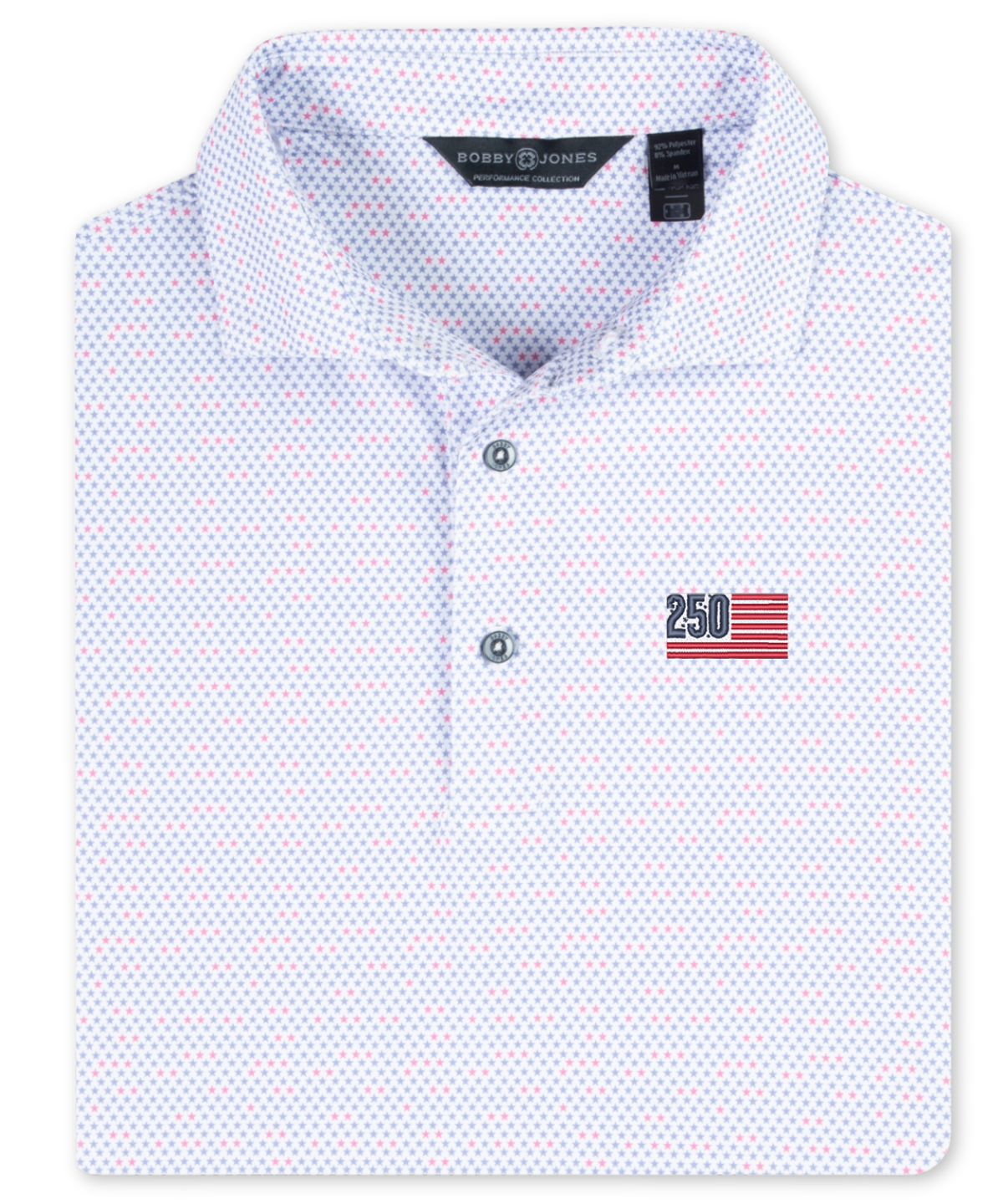 White Star Spangled performance golf polo with all-over star print and embroidered USA 250th anniversary chest logo.