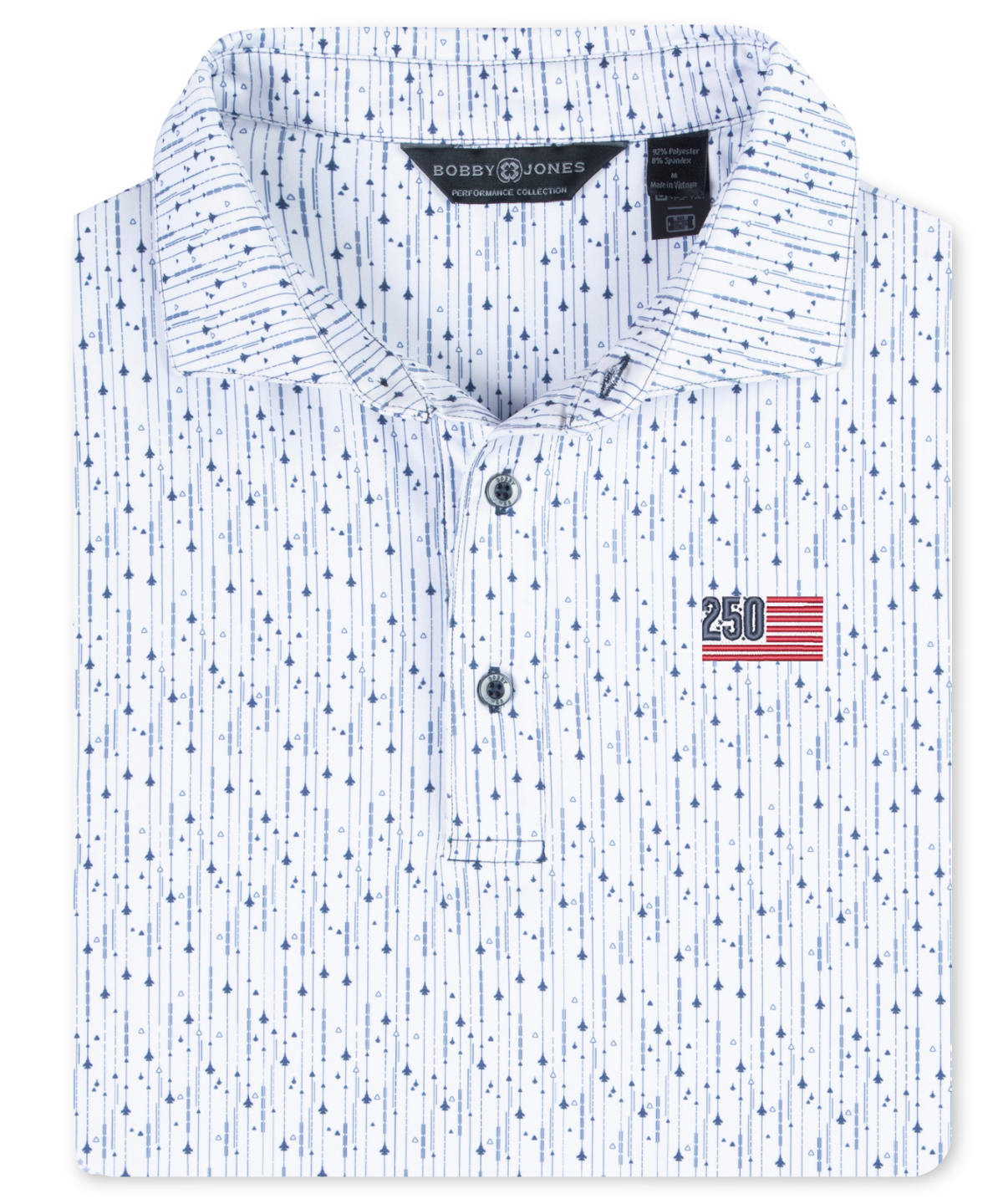 White Aerial Diamond performance golf polo featuring a blue geometric print and lightweight moisture-wicking jersey fabric.