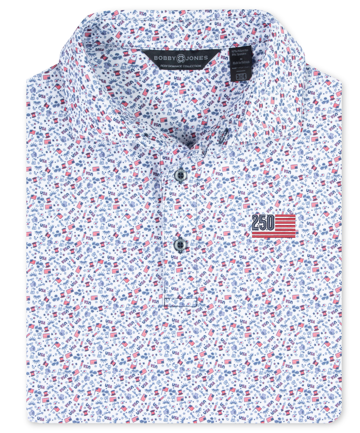 White Freedom Doodles performance golf polo with patriotic USA print and embroidered 250th anniversary chest logo.