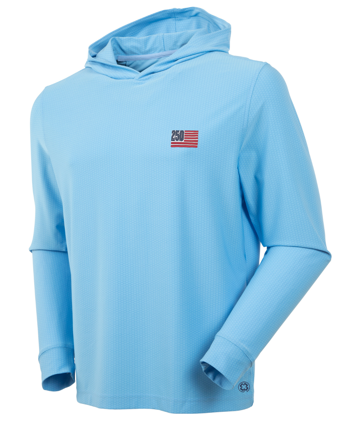 Men’s Bobby Jones performance golf hoodie in blue with USA logo and lightweight breathable stretch fabric