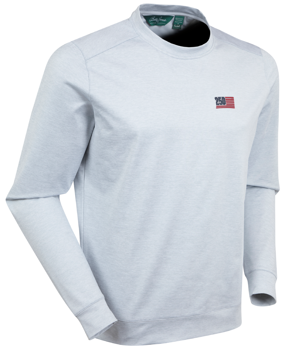 Men’s Bobby Jones performance golf crewneck pullover with USA logo in heathered grey with lightweight stretch fabric