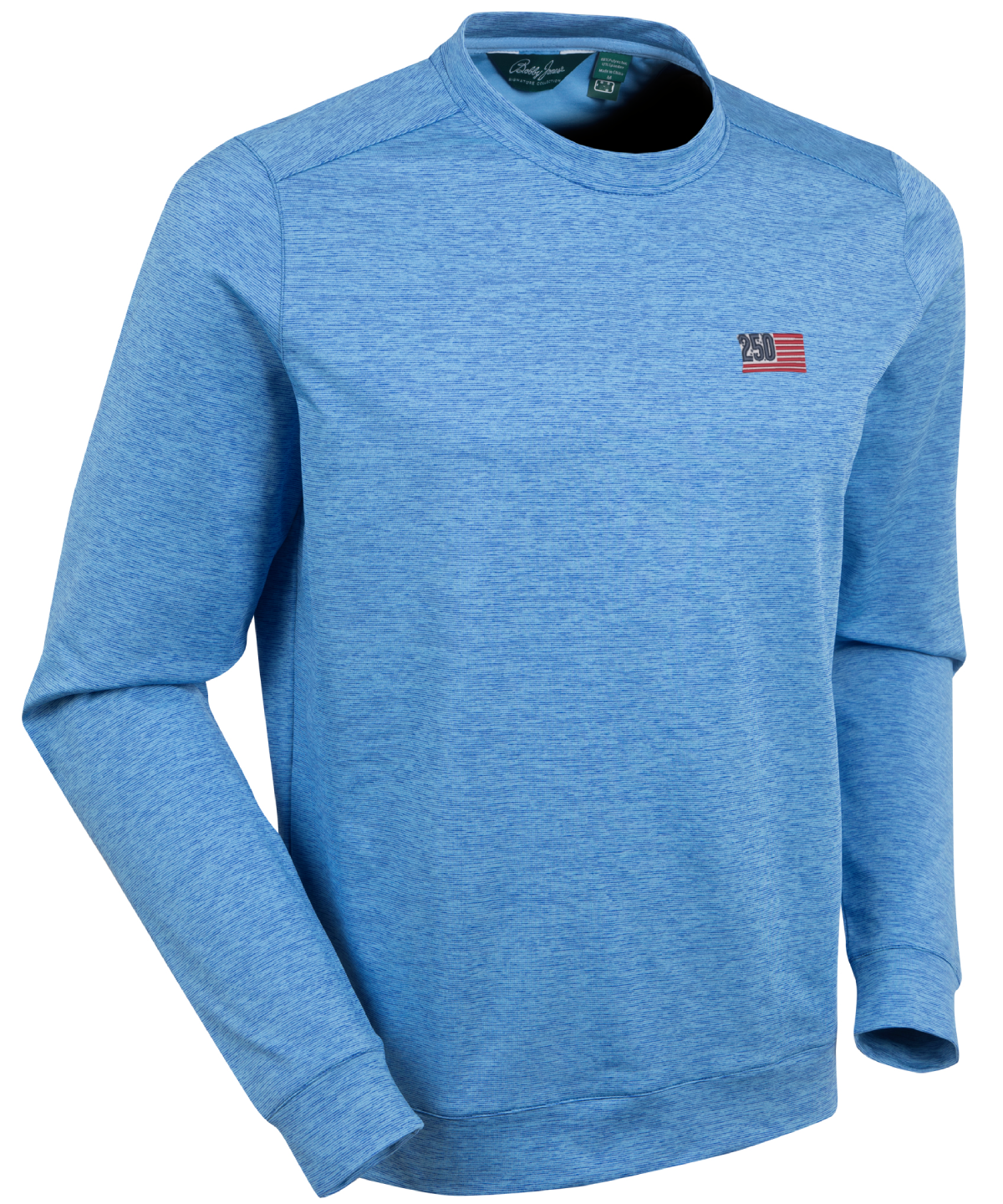 Men’s Bobby Jones performance golf crewneck pullover with USA logo in heathered blue with lightweight stretch fabric