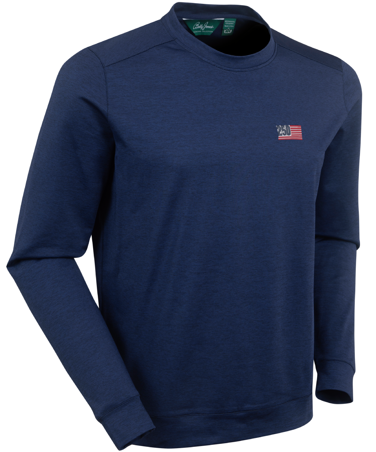 Men’s Bobby Jones performance golf crewneck pullover with USA logo in heathered navy with lightweight stretch fabric