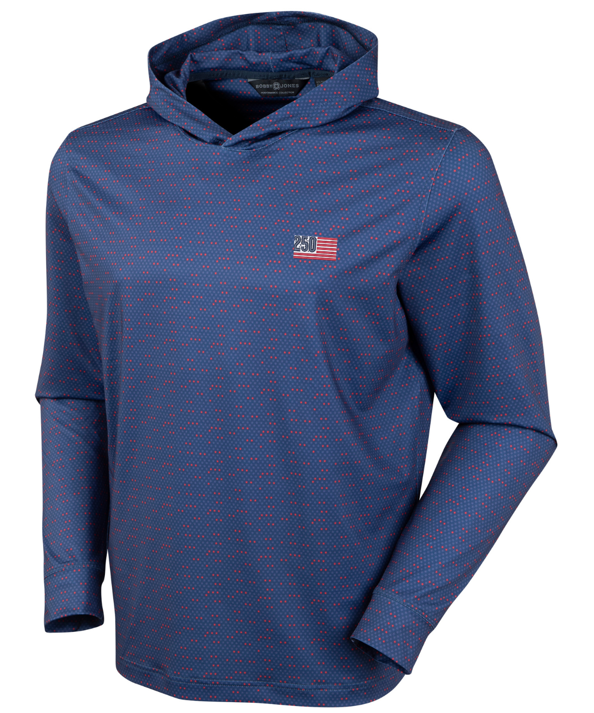 Navy Star Spangled performance hoodie with all-over star print and embroidered USA 250th anniversary chest logo.