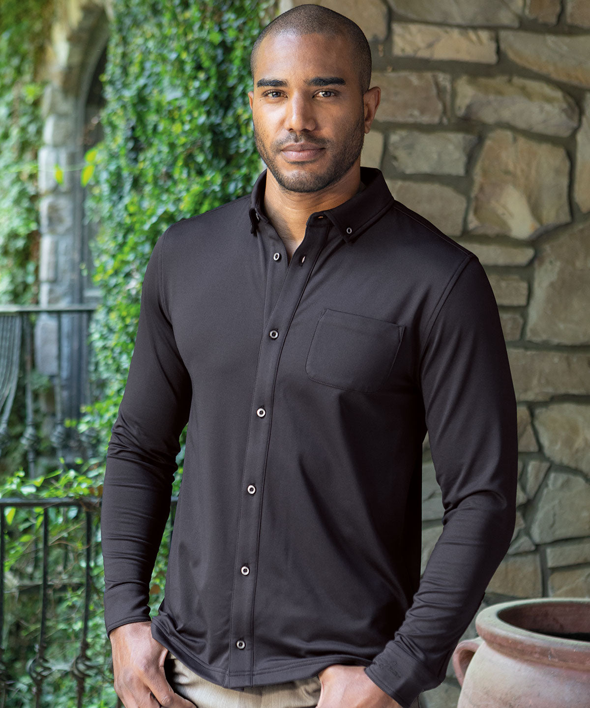 Performance Brushed-Back Stretch Jersey Long Sleeve Button-Down