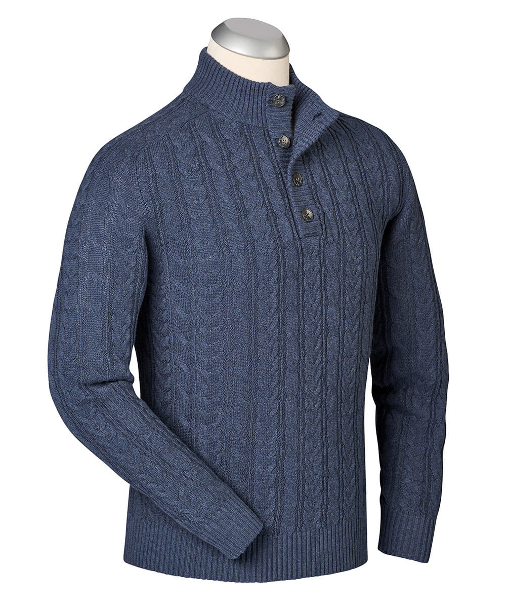 Performance Cotton-Wool Cable Button-Placket Sweater