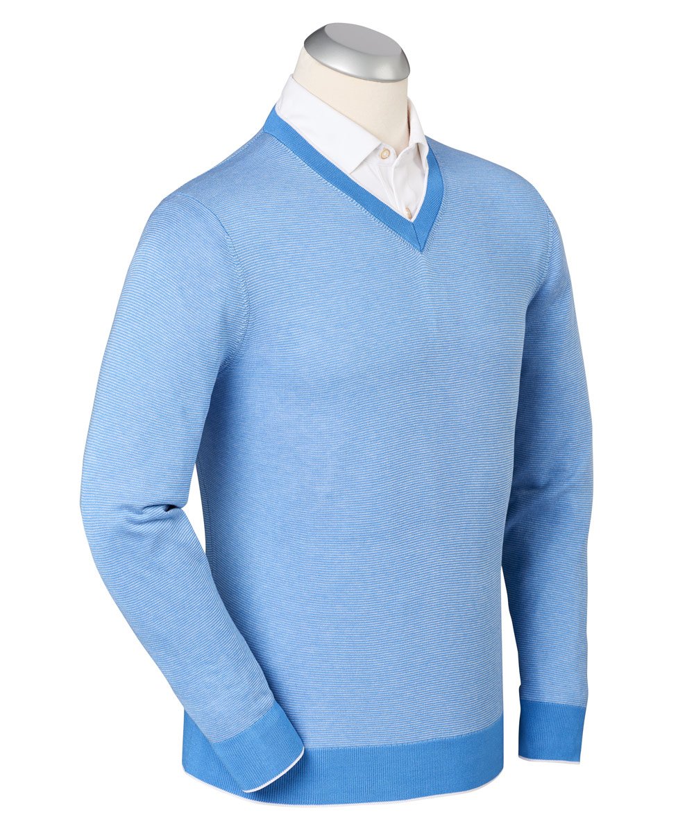 Luxe 100% Mercerized Cotton Hairline Stripe V-Neck Sweater - Bobby Jones