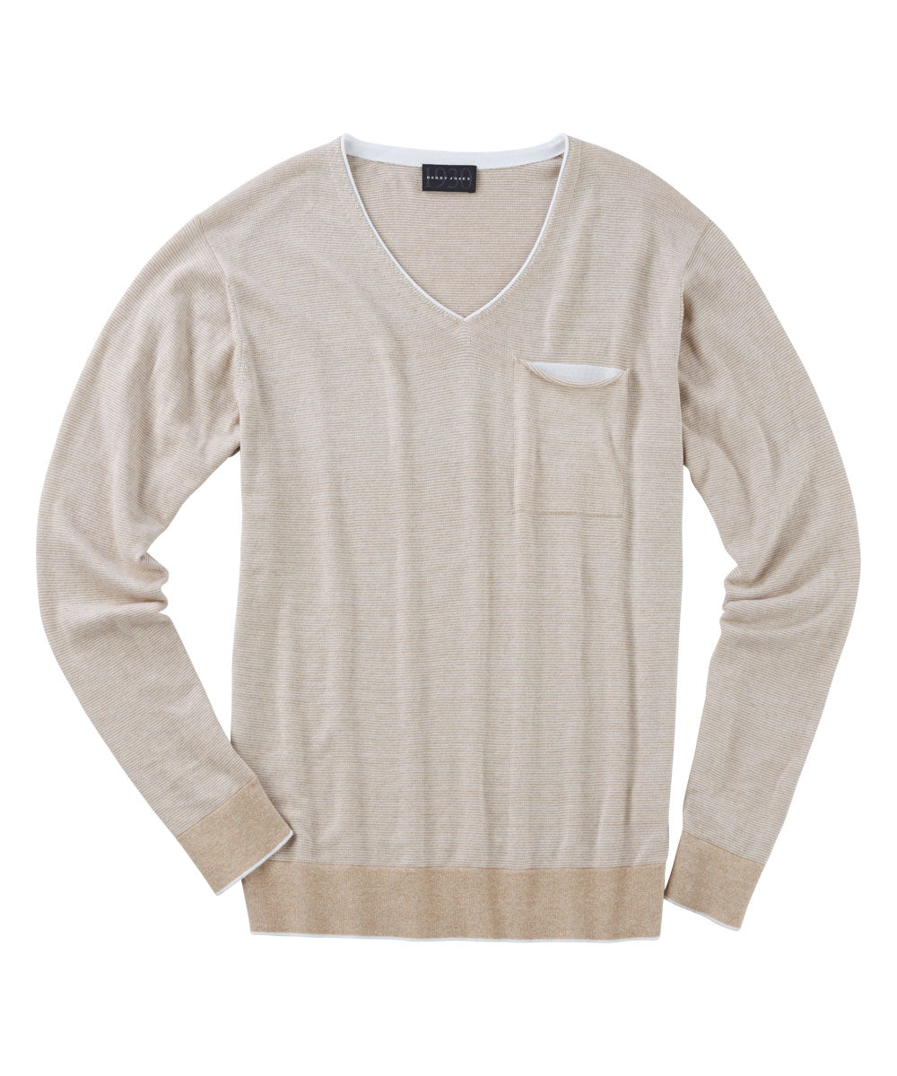 100% Pima Cotton V-Neck Pocket Pullover Sweater